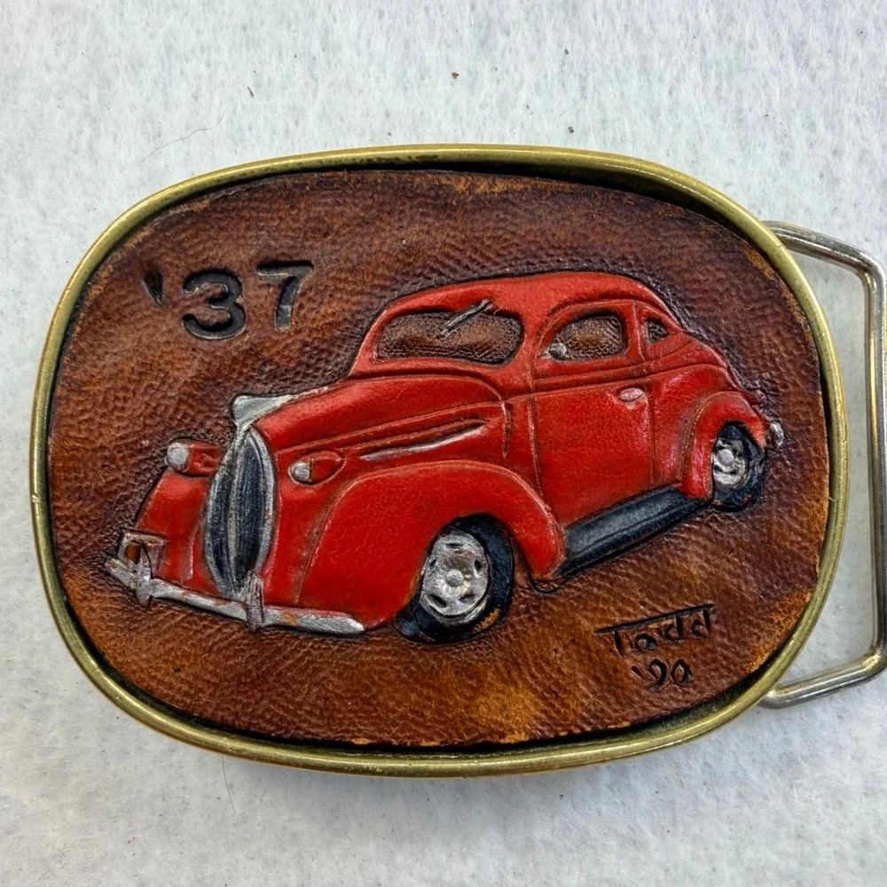 Vintage 1990 Todd Handcrafted Leather 1937 Car Solid Brass Belt Buckle Red Car